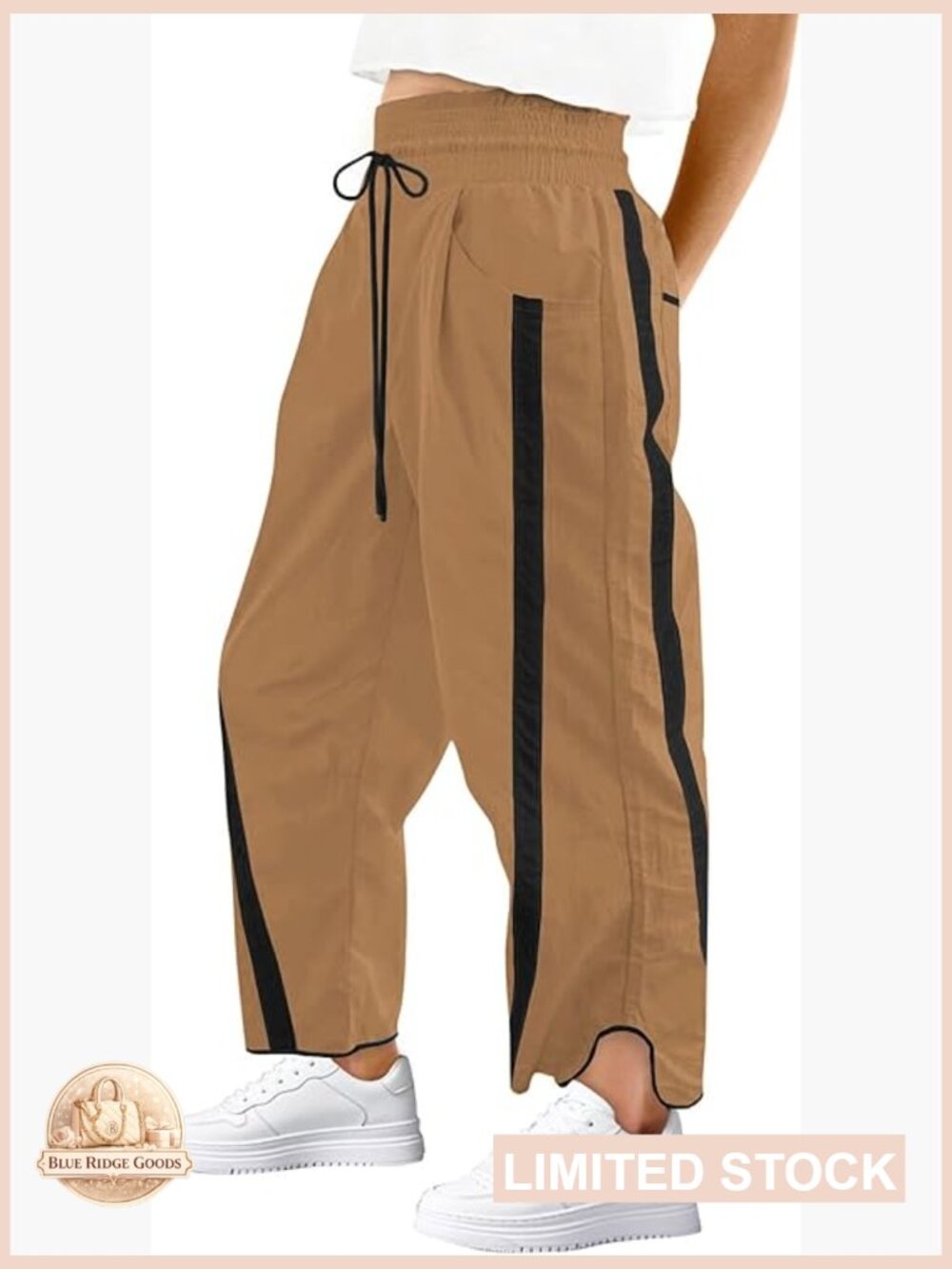 Womens Wide Leg Track Pants Elastic Waist Drawstring Stripe Joggers Active
